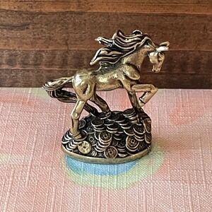 BG12 Brass Tone Horse Rearing Lucky Coins Figurine Feng Shui Prosperity Zodiac